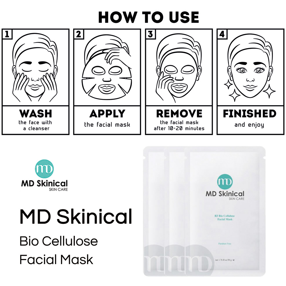     
    <p style="font-size:14px; margin-top:20px;">3/1/2018</p>
    
    <p style="font-size:20px;" >MD Skinical Bio Cellulose Facial Mask</p>
    
    <p style="font-size:15px;">•	Soothes and refreshes<br>
•	Hydrates and strengthens<br>
•	Repairs skin damage helps build the dermal matrix and smooth fine lines<br>
•	Fluid holding capacity up to 100 times its dry weight<br>
•	Superfine cellulose fiber structure (20 – 100 nm diameter)<br>
•	Superior shape retention </p>