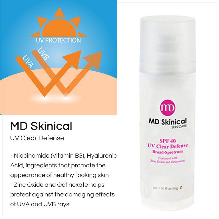  <p style="font-size:14px; margin-top:20px;">5/1/2018</p>
    
    <p style="font-size:20px;" >MD Skinical have been Launched a new product - SPF 40 UV Clear Defense Broad -Spectrum
 </p>
<p style="font-size:14px;" >MD Skinical UV Clear Defense<br>
-  Niacinamide (Vitamin B3), Hyaluronic Acid, ingredients that promote the appearance of healthy-looking skin <br>
-Zinc Oxide and Octinoxate helps protect against thedamaging effects of UVA and UVB rays</p>